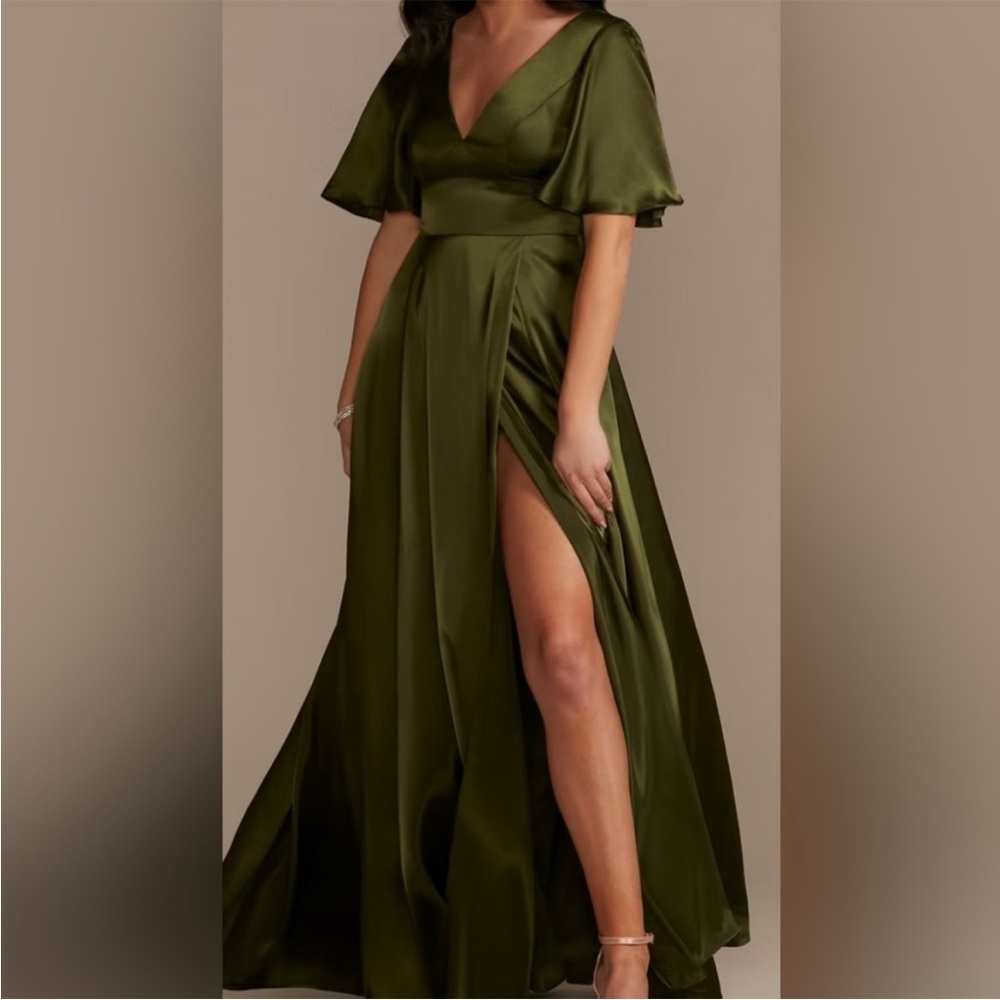 David’s Bridal Galina Signature Charmeuse Flutter-Sleeve Dress in Martini Olive